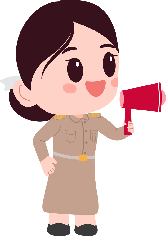 Thai woman teacher speaking into megaphone to announce
